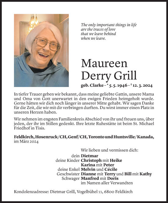 Todesanzeige von Maureen Derry Grill von Vorarlberger Nachrichten