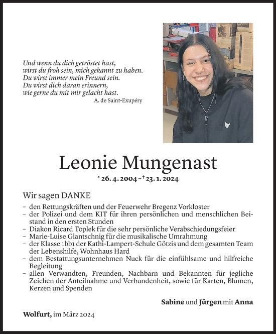 Todesanzeige von Leonie Mungenast von Vorarlberger Nachrichten