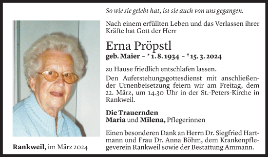 Todesanzeige von Erna Pröpstl von Vorarlberger Nachrichten