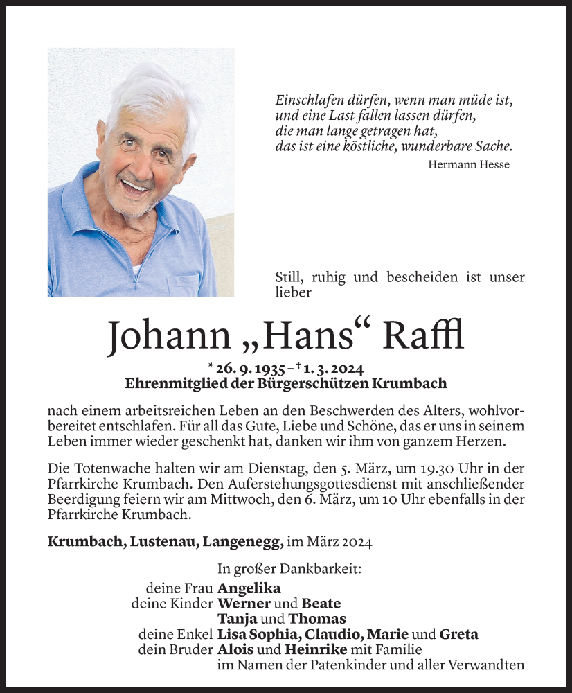  Todesanzeige für Johann Raffl vom 03.03.2024 aus Vorarlberger Nachrichten