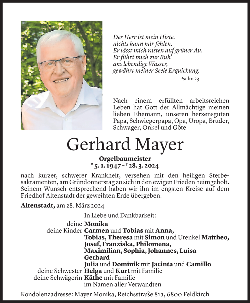  Todesanzeige für Gerhard Mayer vom 04.04.2024 aus Vorarlberger Nachrichten