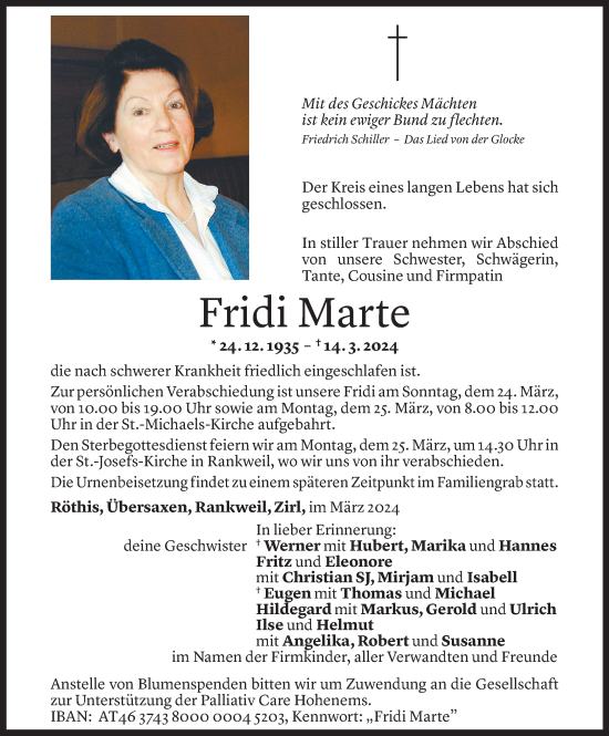 Todesanzeige von Fridi Marte von Vorarlberger Nachrichten