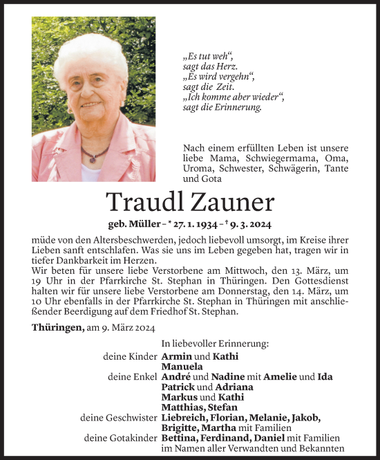 Todesanzeige von Traudl Zauner von Vorarlberger Nachrichten