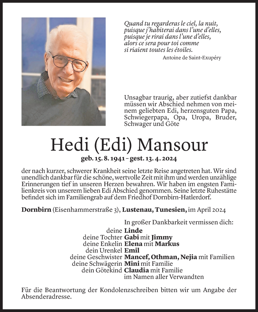  Todesanzeige für Hedi Mansour vom 19.04.2024 aus Vorarlberger Nachrichten