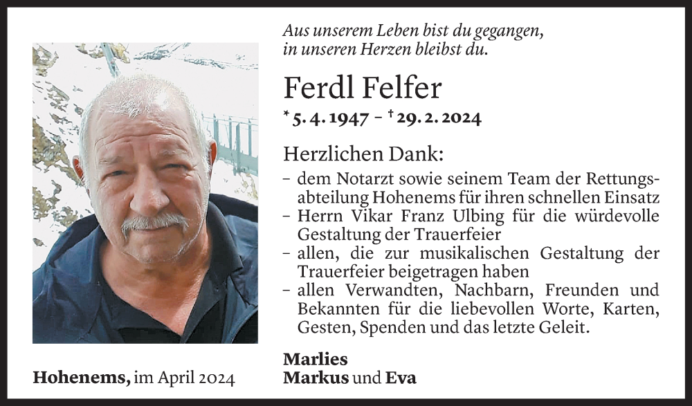  Todesanzeige für Ferdl Felfer vom 04.04.2024 aus Vorarlberger Nachrichten