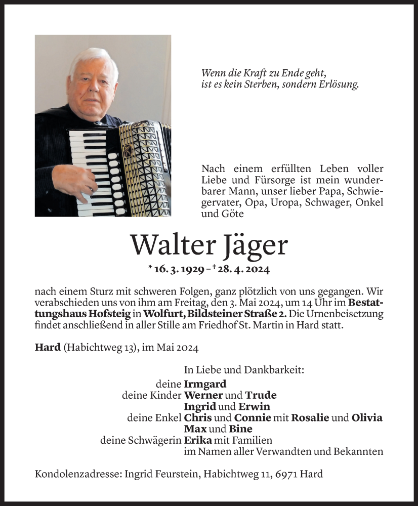  Todesanzeige für Walter Jäger vom 01.05.2024 aus Vorarlberger Nachrichten