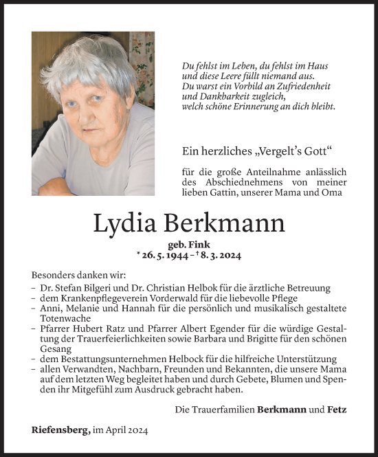 Todesanzeige von Lydia Berkmann von Vorarlberger Nachrichten