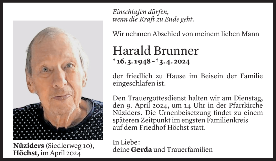 Todesanzeige von Harald Brunner von Vorarlberger Nachrichten