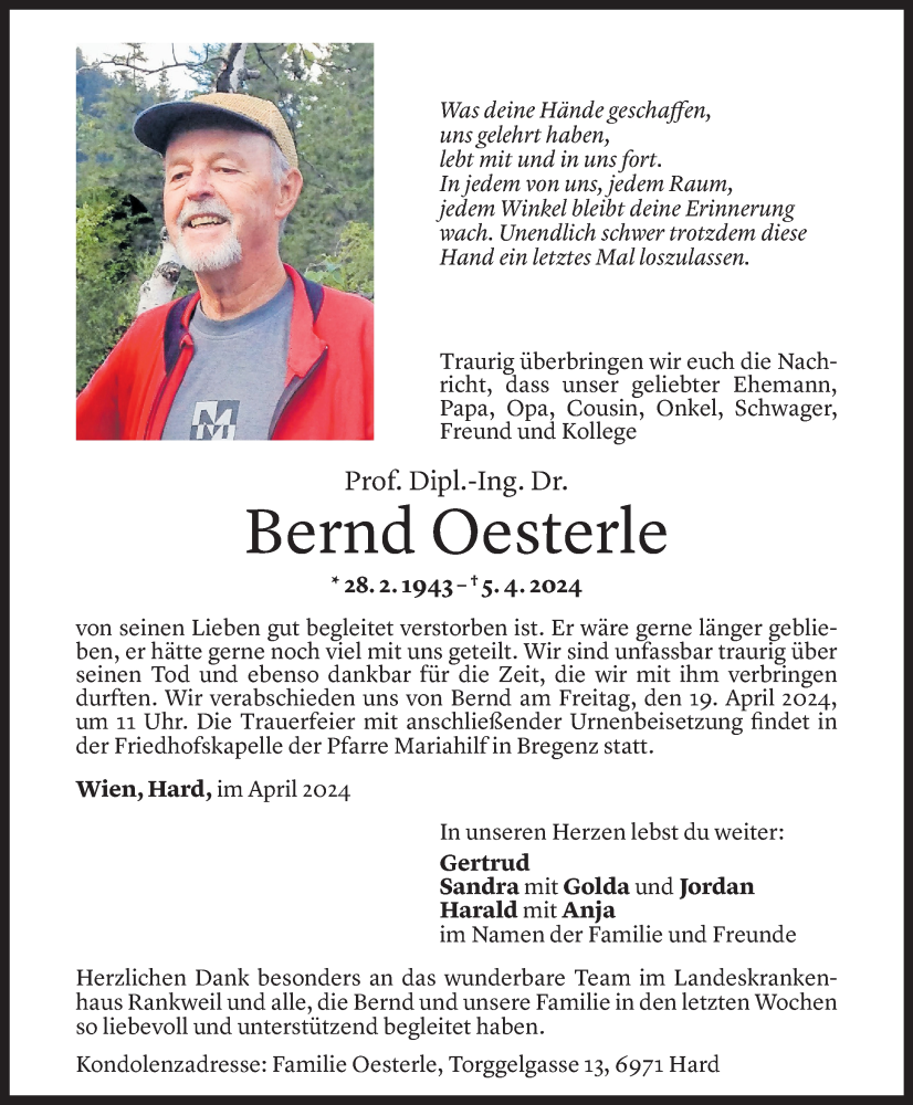  Todesanzeige für Bernd Oesterle vom 13.04.2024 aus Vorarlberger Nachrichten