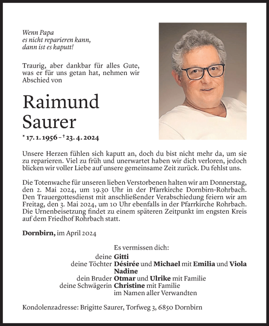 Todesanzeige von Raimund Saurer von Vorarlberger Nachrichten