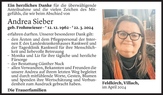 Todesanzeige von Andrea Sieber von Vorarlberger Nachrichten