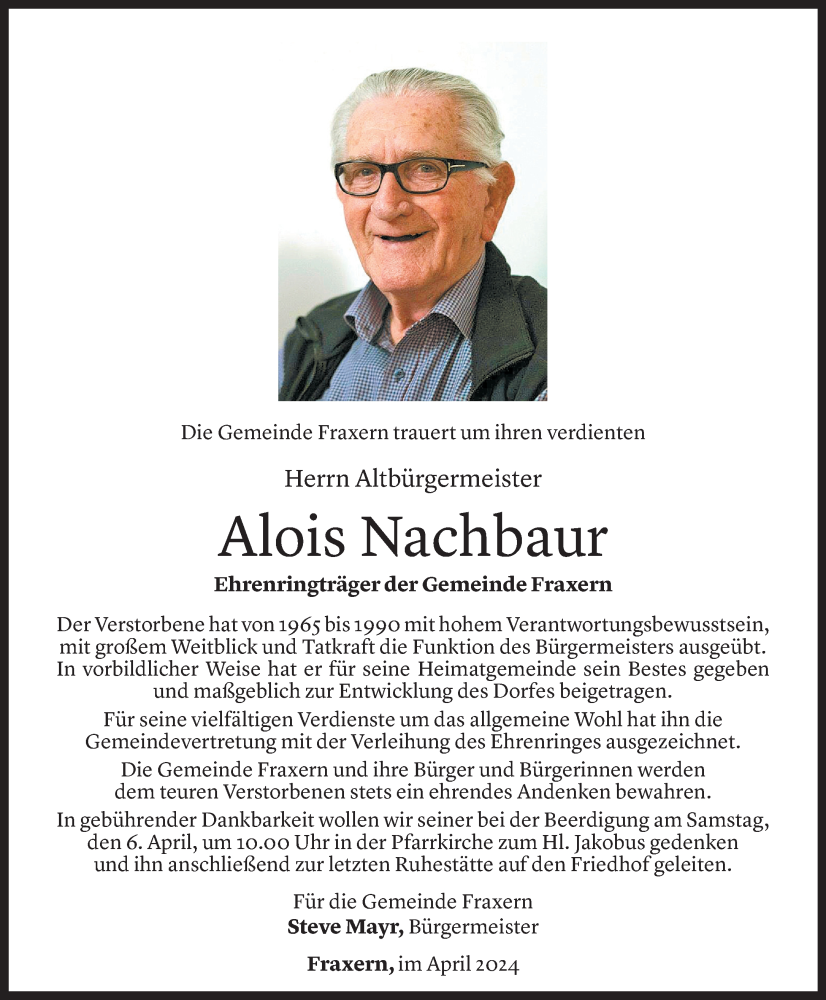  Todesanzeige für Alois Nachbaur vom 03.04.2024 aus Vorarlberger Nachrichten