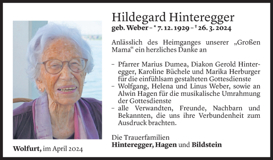 Todesanzeige von Hildegard Hinteregger von Vorarlberger Nachrichten