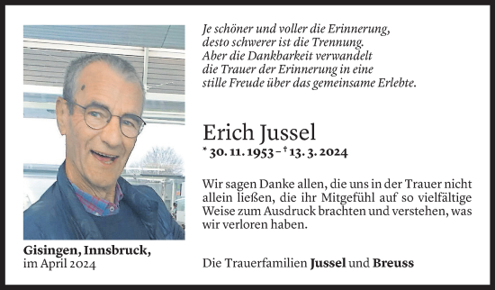 Todesanzeige von Erich Jussel von Vorarlberger Nachrichten