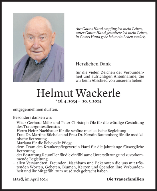 Todesanzeige von Helmut Wackerle von Vorarlberger Nachrichten