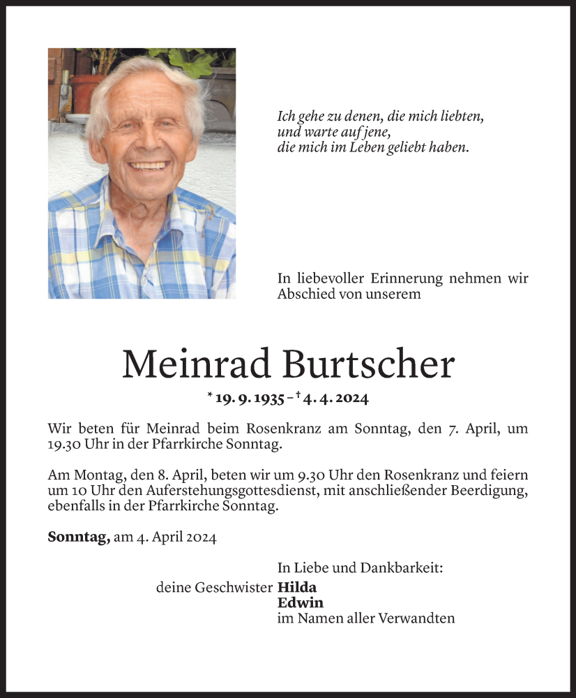  Todesanzeige für Meinrad Burtscher vom 05.04.2024 aus Vorarlberger Nachrichten