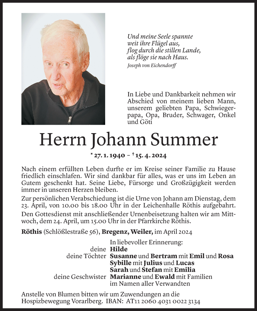  Todesanzeige für Johann Summer vom 20.04.2024 aus Vorarlberger Nachrichten
