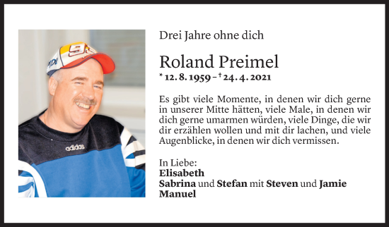 Todesanzeige von Roland Preimel von Vorarlberger Nachrichten