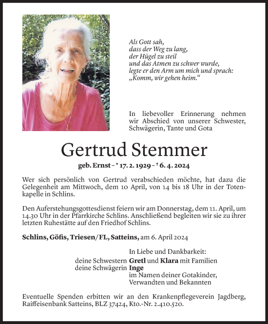 Todesanzeige von Gertrud Stemmer von Vorarlberger Nachrichten