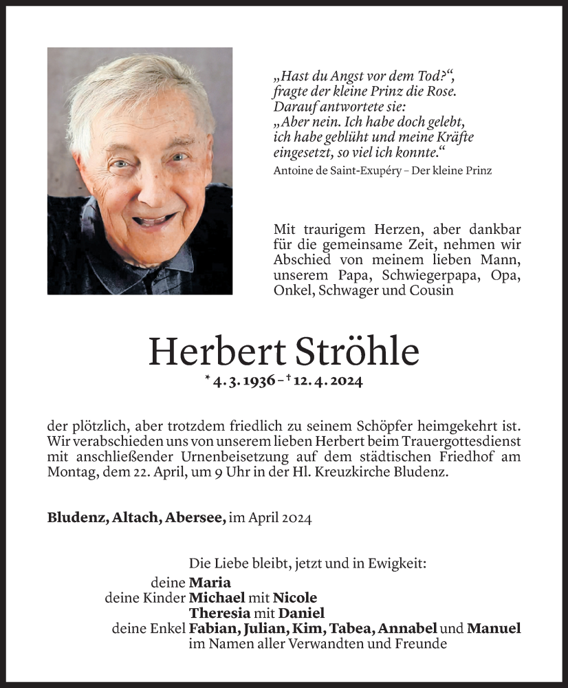  Todesanzeige für Herbert Ströhle vom 18.04.2024 aus Vorarlberger Nachrichten