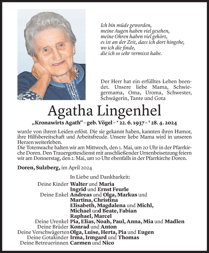  Todesanzeige für Agatha Lingenhel vom 29.04.2024 aus Vorarlberger Nachrichten