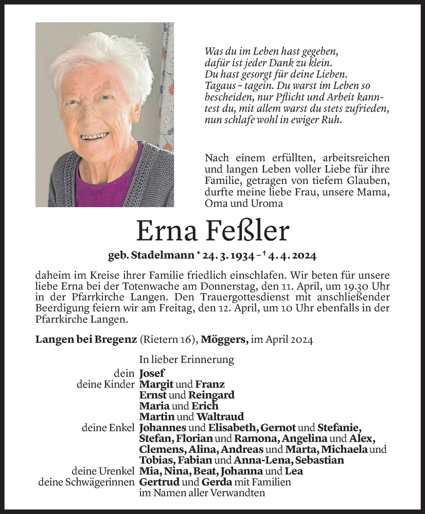  Todesanzeige für Erna Feßler vom 10.04.2024 aus Vorarlberger Nachrichten
