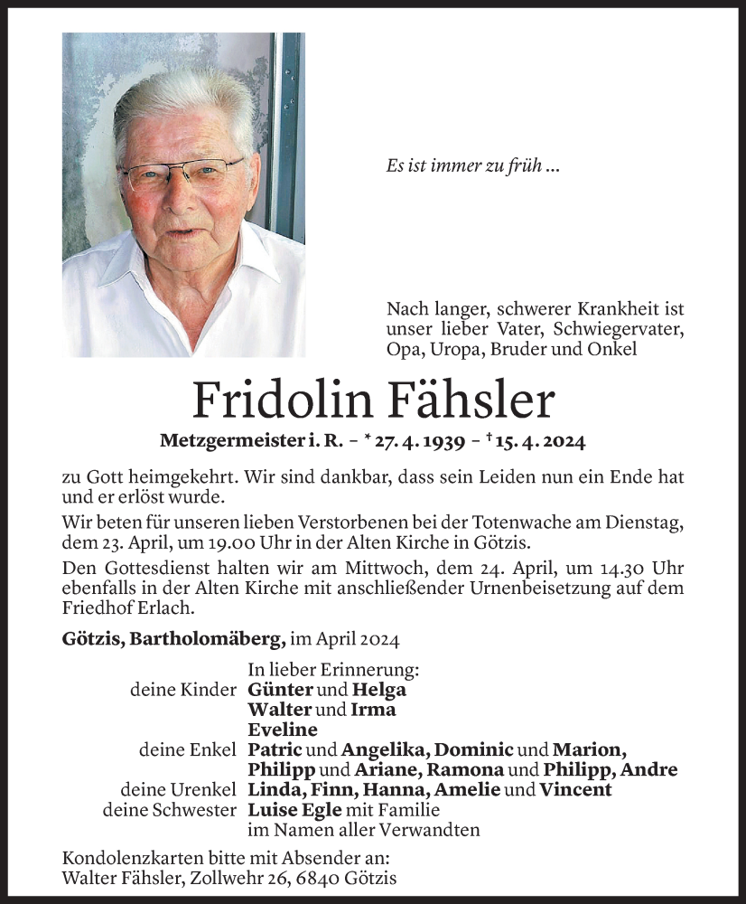  Todesanzeige für Fridolin Fähsler vom 19.04.2024 aus Vorarlberger Nachrichten