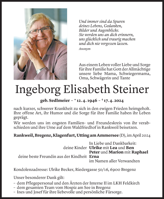 Todesanzeige von Ingeborg Elisabeth Steiner von Vorarlberger Nachrichten