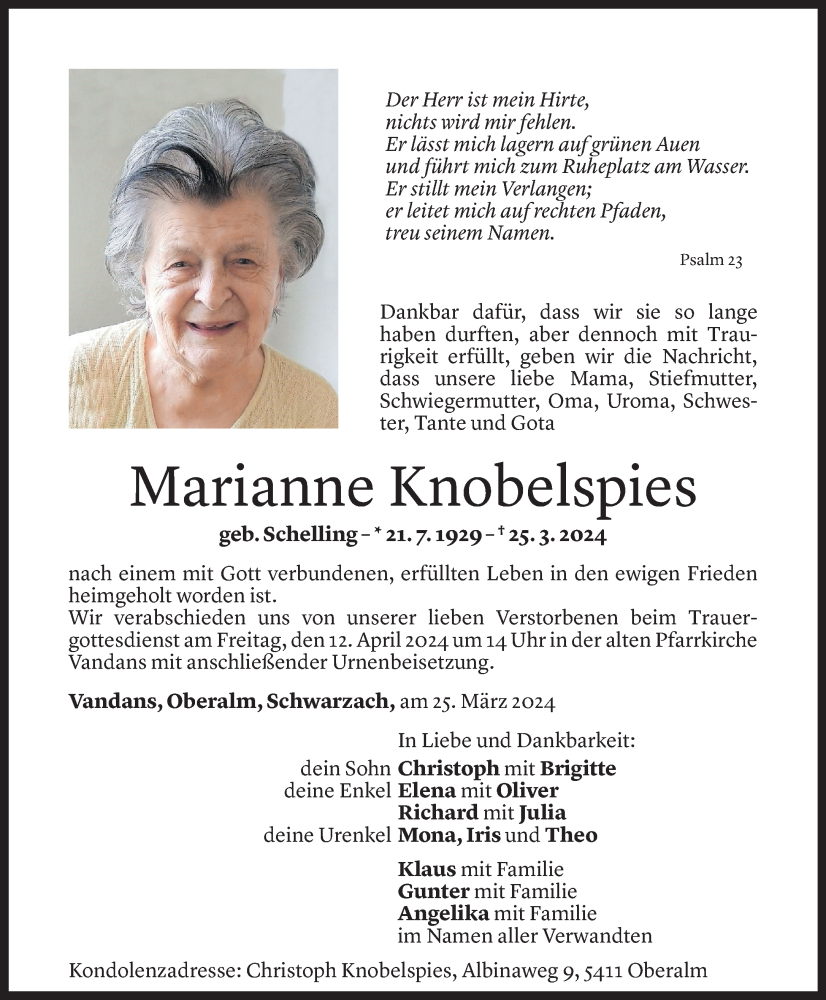  Todesanzeige für Marianne Knobelspies vom 29.03.2024 aus Vorarlberger Nachrichten