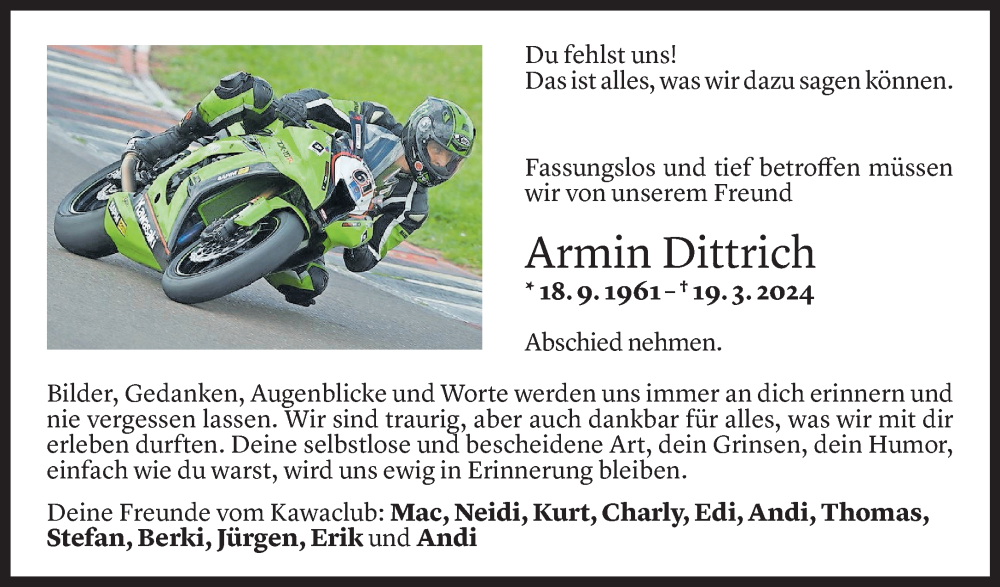  Todesanzeige für Armin Dittrich vom 02.04.2024 aus Vorarlberger Nachrichten