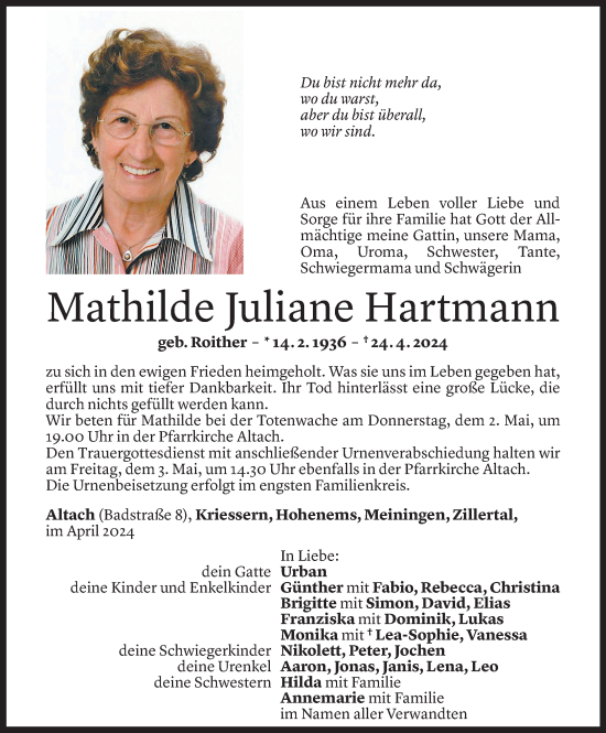 Todesanzeige von Mathilde Juliane Hartmann von Vorarlberger Nachrichten