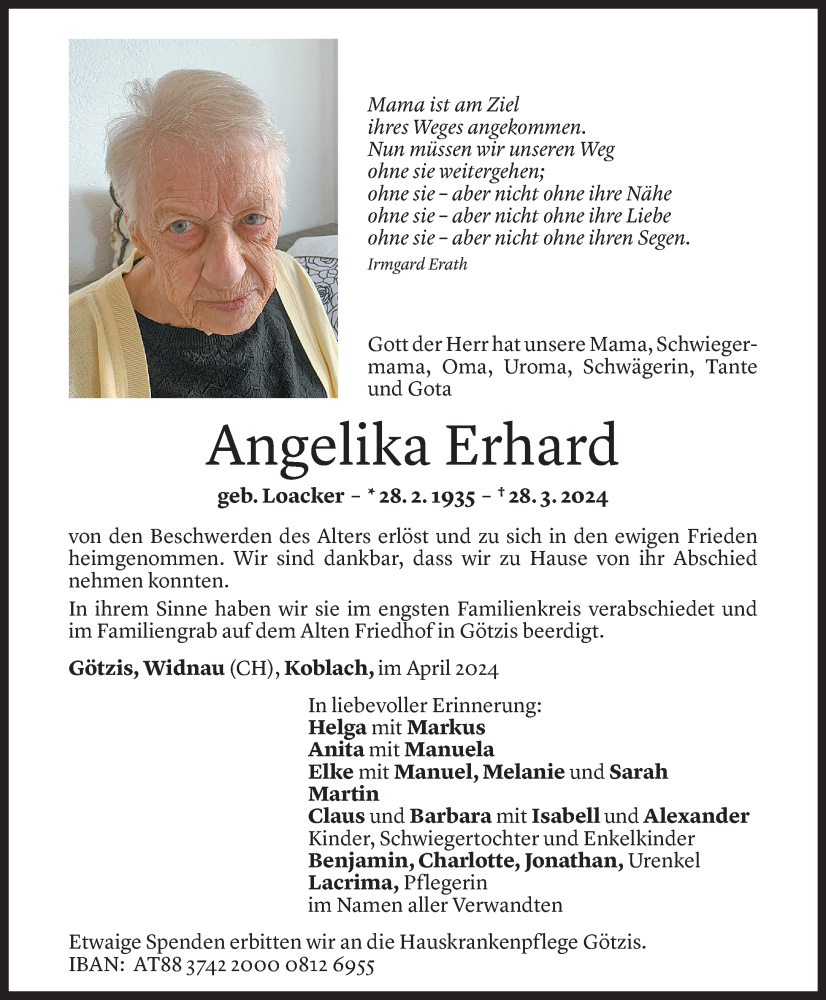  Todesanzeige für Angelika Erhard vom 06.04.2024 aus Vorarlberger Nachrichten