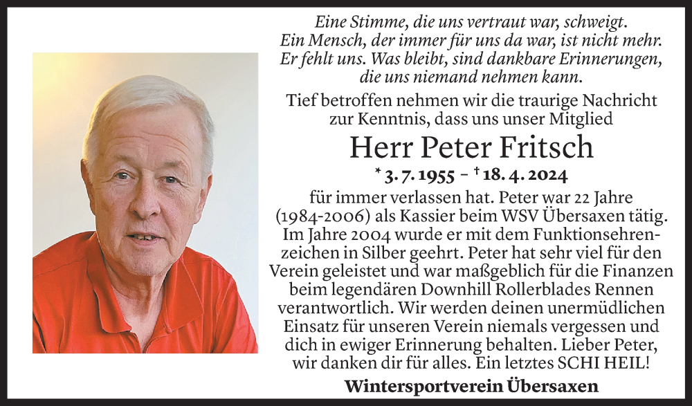  Todesanzeige für Peter Fritsch vom 21.04.2024 aus vorarlberger nachrichten