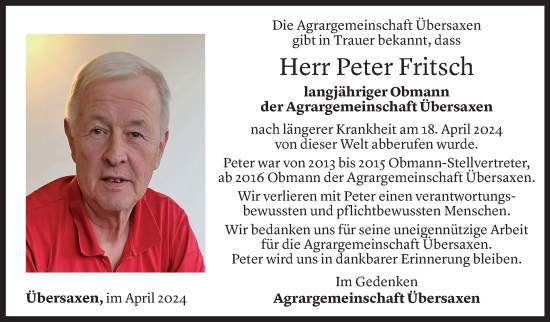 Todesanzeige von Peter Fritsch von Vorarlberger Nachrichten