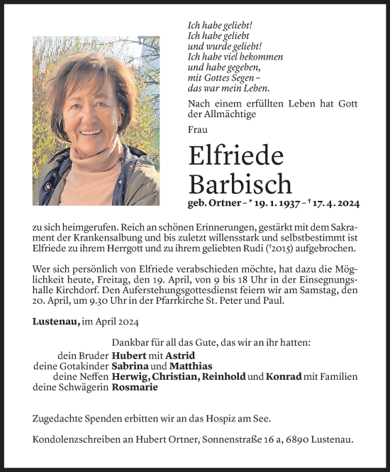 Todesanzeige von Elfriede Barbisch von Vorarlberger Nachrichten