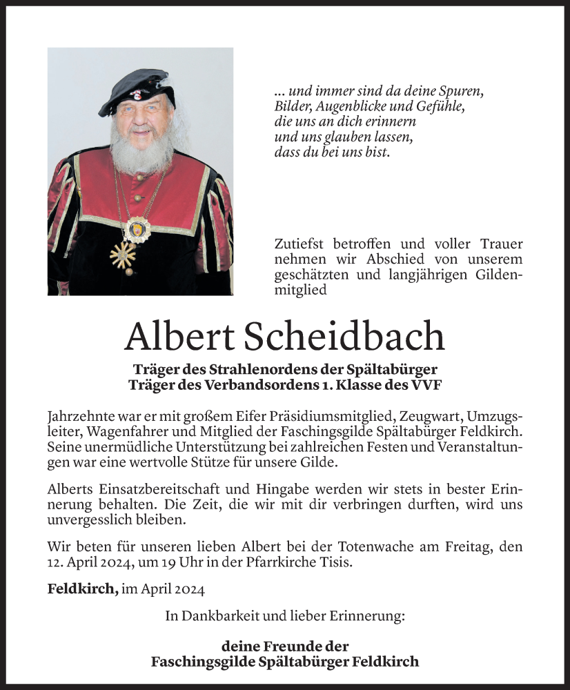  Todesanzeige für Albert Scheidbach vom 10.04.2024 aus Vorarlberger Nachrichten