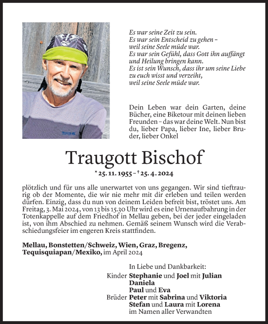 Todesanzeige von Traugott Bischof von Vorarlberger Nachrichten