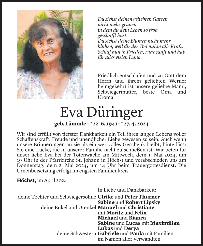  Todesanzeige für Eva Düringer vom 29.04.2024 aus Vorarlberger Nachrichten