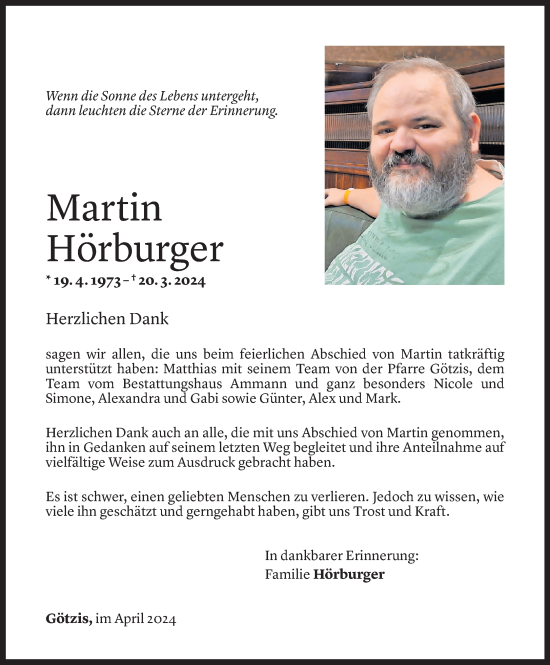 Todesanzeige von Martin Hörburger von Vorarlberger Nachrichten