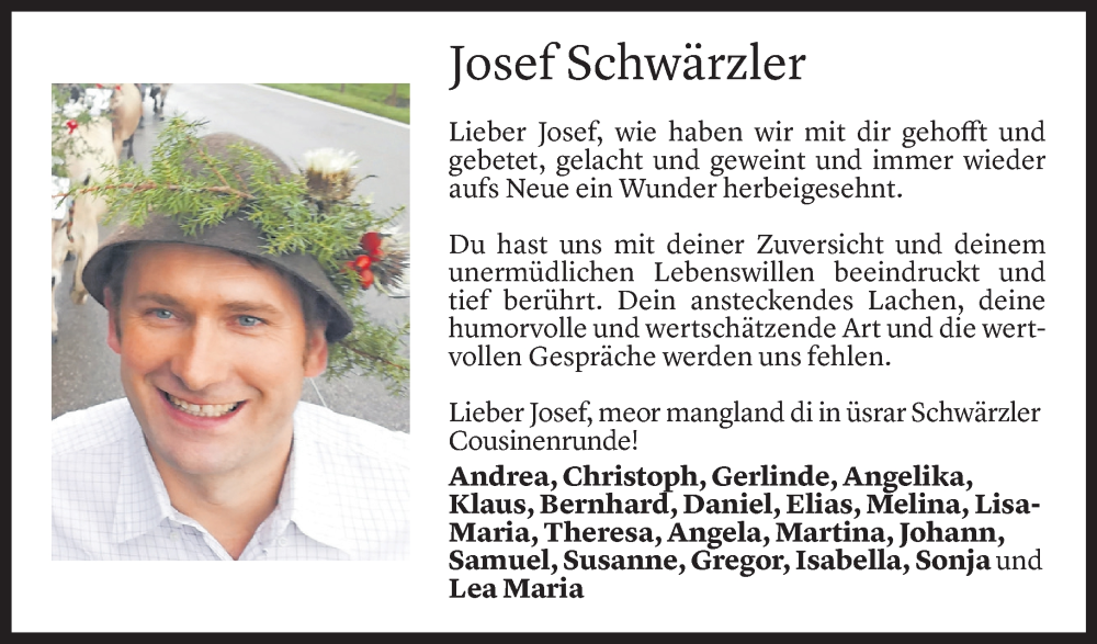  Todesanzeige für Josef Schwärzler vom 17.04.2024 aus Vorarlberger Nachrichten
