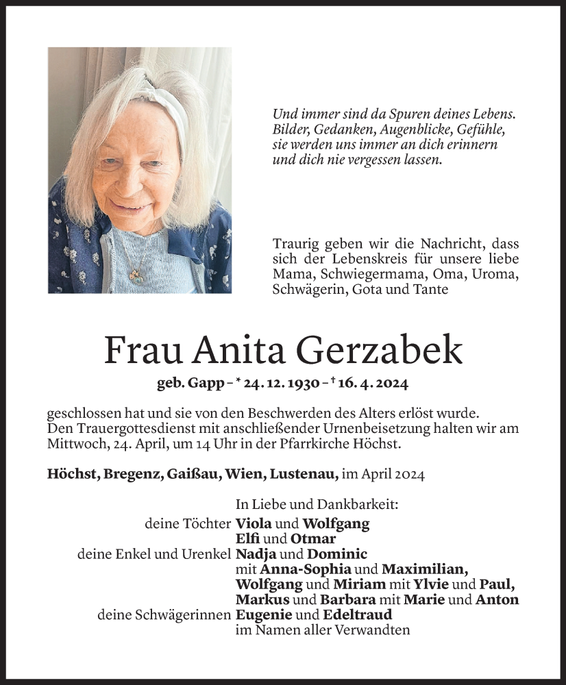  Todesanzeige für Anita Gerzabek vom 19.04.2024 aus Vorarlberger Nachrichten