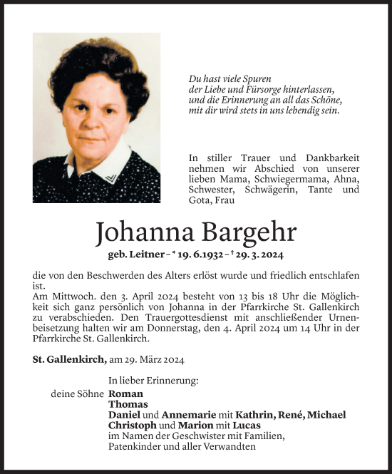 Todesanzeige von Johanna Bargehr von Vorarlberger Nachrichten