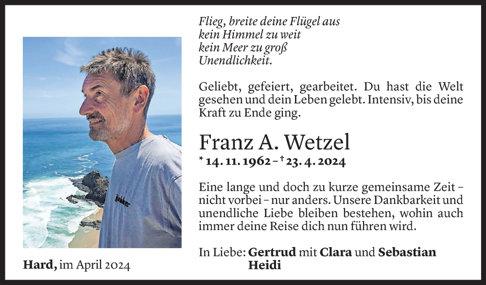  Todesanzeige für Franz Wetzel vom 27.04.2024 aus Vorarlberger Nachrichten