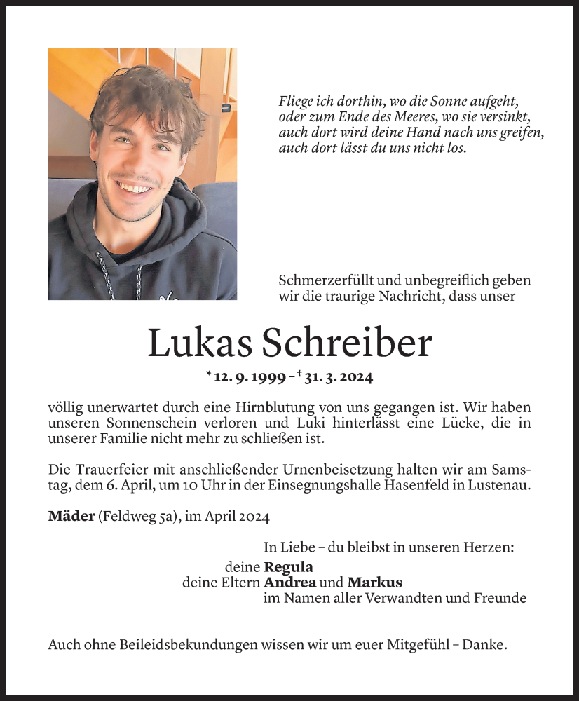  Todesanzeige für Lukas Schreiber vom 04.04.2024 aus Vorarlberger Nachrichten