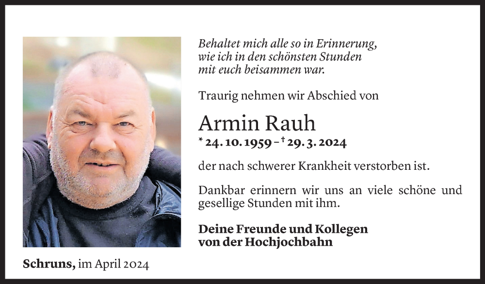  Todesanzeige für Armin Rauh vom 05.04.2024 aus Vorarlberger Nachrichten