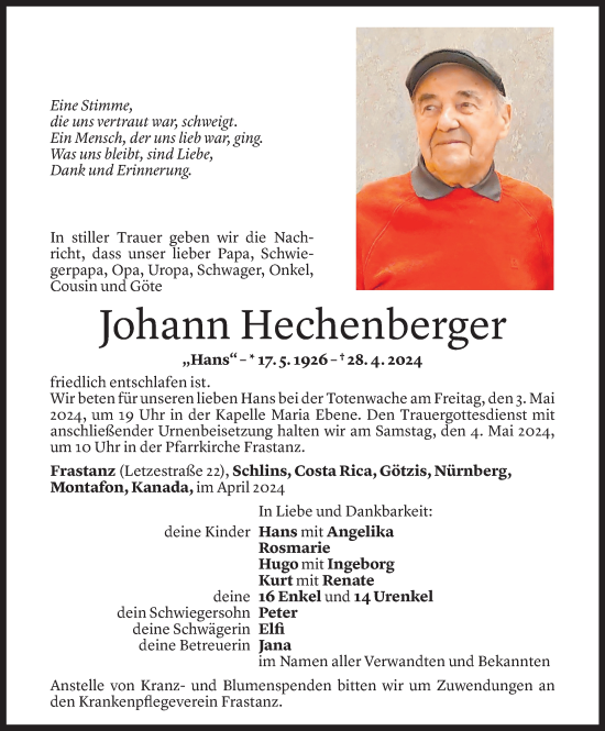 Todesanzeige von Johann Hechenberger von Vorarlberger Nachrichten