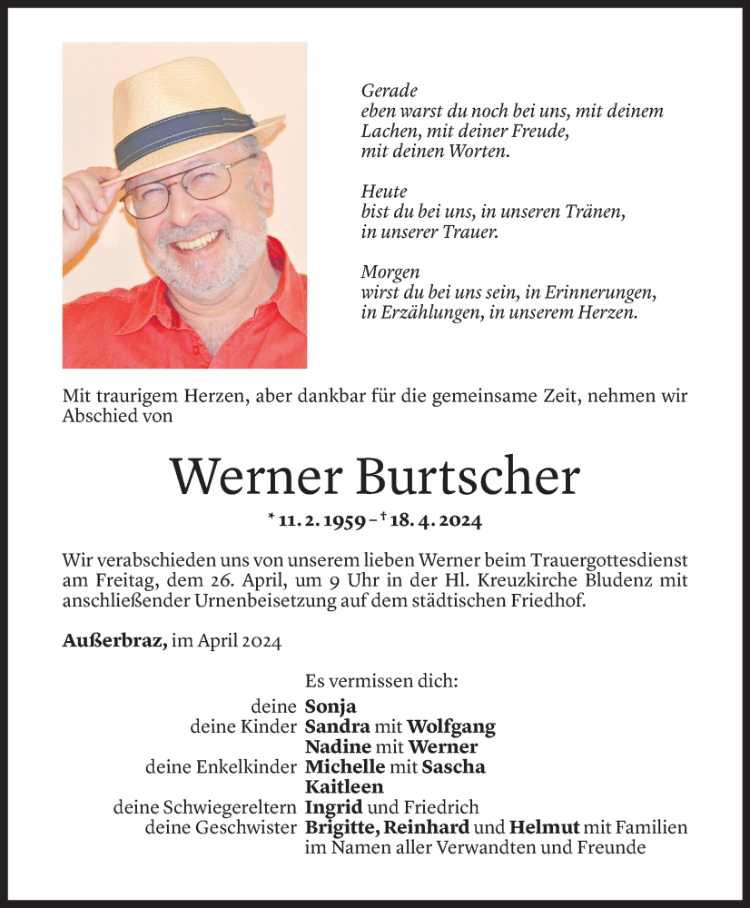  Todesanzeige für Werner Burtscher vom 24.04.2024 aus Vorarlberger Nachrichten
