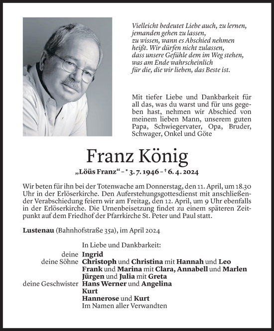 Todesanzeige von Franz König von Vorarlberger Nachrichten