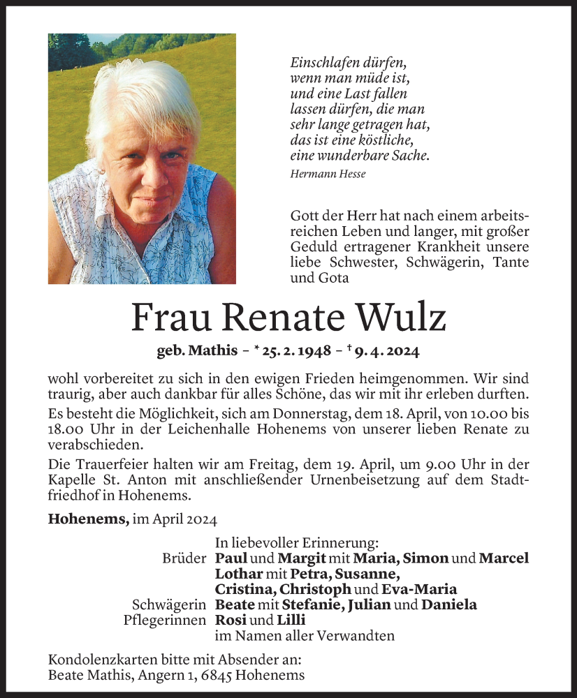  Todesanzeige für Renate Wulz vom 14.04.2024 aus Vorarlberger Nachrichten