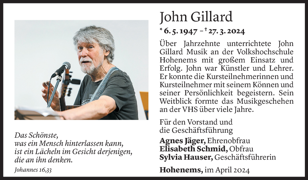  Todesanzeige für John Gillard vom 10.04.2024 aus Vorarlberger Nachrichten